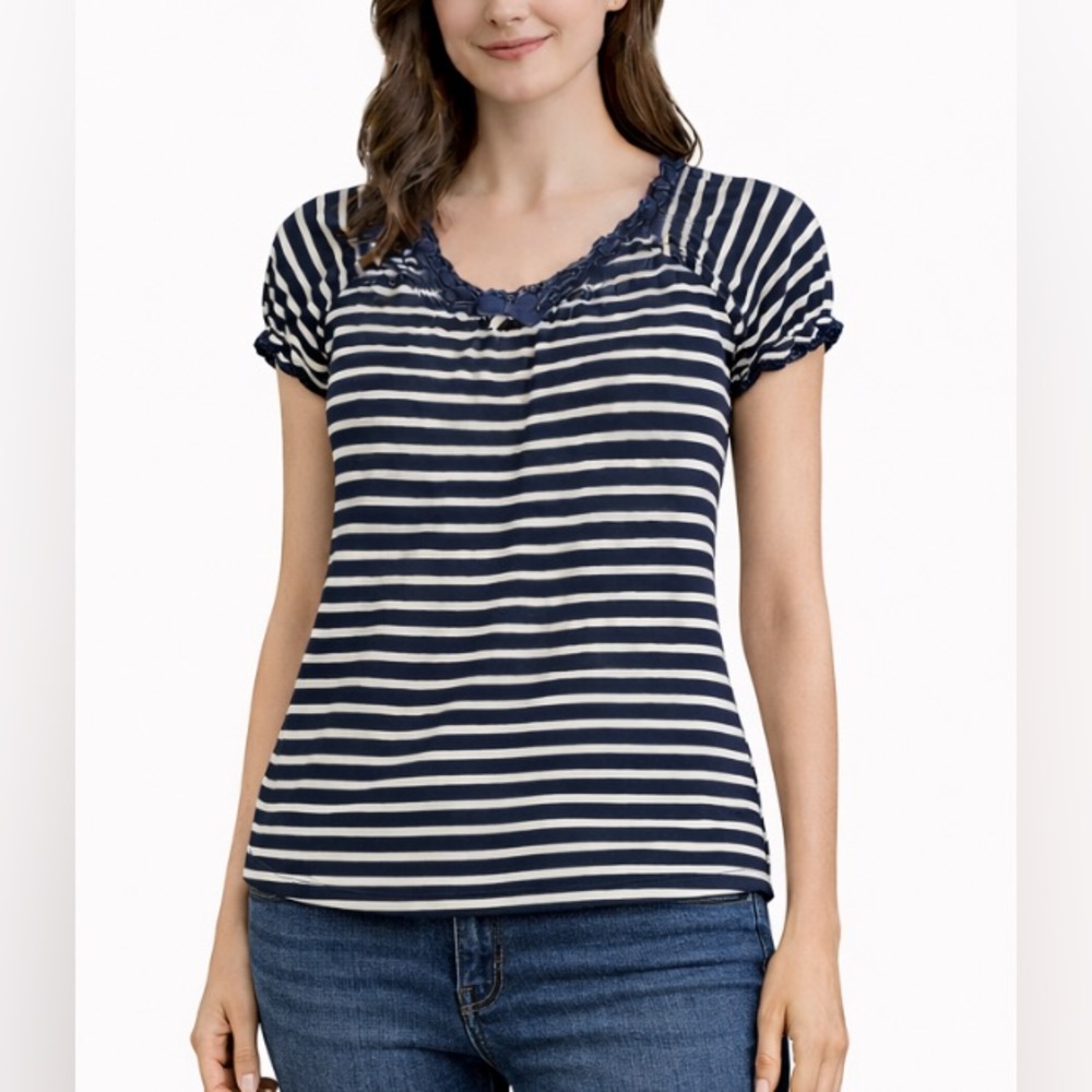 J. Crew Navy & White Striped Short Sleeve Blouse (Size S)